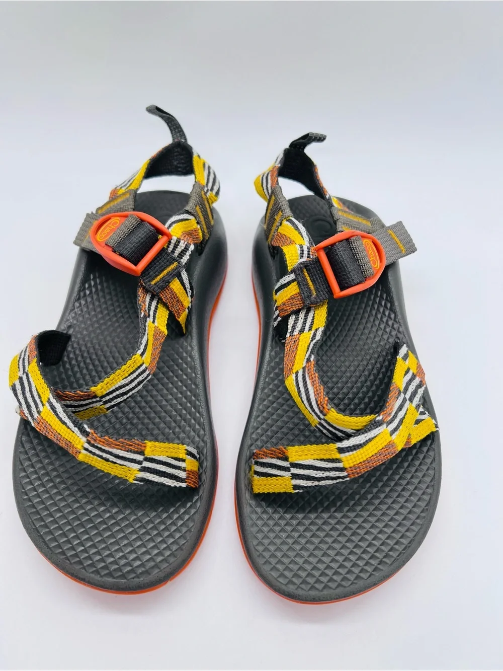 Chaco Kids Z1 Ecotread Sandals in Black, Orange, Yellow Checkerboard Size 3